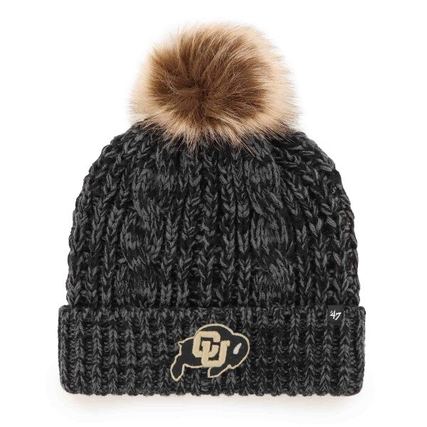 Black cable-knit beanie with faux fur pom and CU Buffaloes logo on the cuff